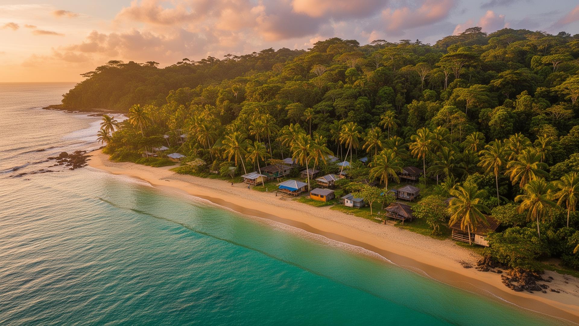 Aerial view of Isla Venado coastline at sunset, Costa Rica